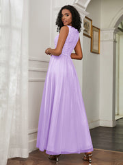 A-Line Jewel Neckline Tulle Dress Lilac Plus Size