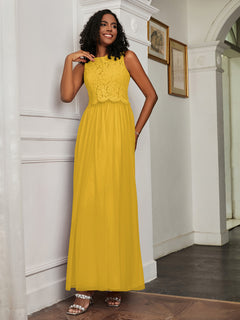 A-Line Jewel Neckline Tulle Dress Marigold