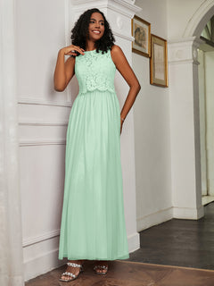 A-Line Jewel Neckline Tulle Dress Mint Green