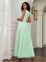 A-Line Jewel Neckline Tulle Dress Mint Green Plus Size