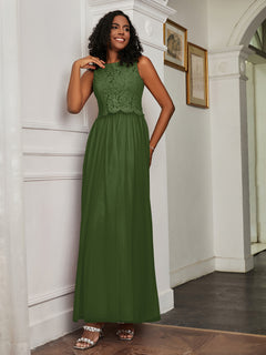 A-Line Jewel Neckline Tulle Dress Moss