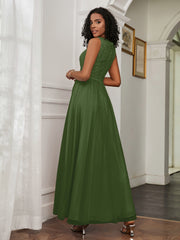 A-Line Jewel Neckline Tulle Dress Moss