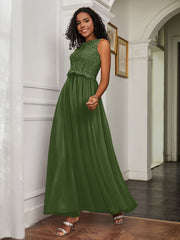 A-Line Jewel Neckline Tulle Dress Moss