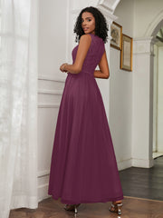 A-Line Jewel Neckline Tulle Dress Mulberry