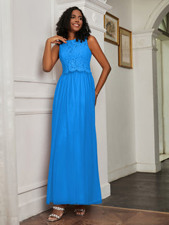 A-Line Jewel Neckline Tulle Dress Ocean Blue