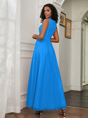 A-Line Jewel Neckline Tulle Dress Ocean Blue