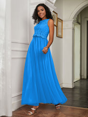 A-Line Jewel Neckline Tulle Dress Ocean Blue