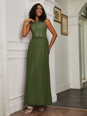 A-Line Jewel Neckline Tulle Dress Olive Green