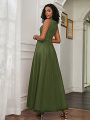 A-Line Jewel Neckline Tulle Dress Olive Green