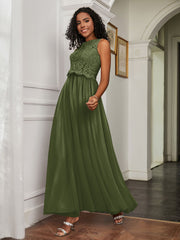 A-Line Jewel Neckline Tulle Dress Olive Green