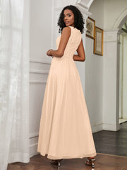 A-Line Jewel Neckline Tulle Dress Peach Plus Size