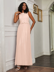 A-Line Jewel Neckline Tulle Dress Pearl Pink Plus Size