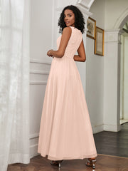 A-Line Jewel Neckline Tulle Dress Pearl Pink