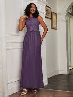 A-Line Jewel Neckline Tulle Dress Plum