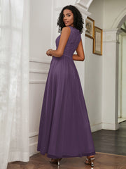 A-Line Jewel Neckline Tulle Dress Plum Plus Size