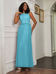 A-Line Jewel Neckline Tulle Dress Pool Plus Size