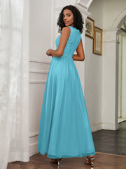 A-Line Jewel Neckline Tulle Dress Pool Plus Size