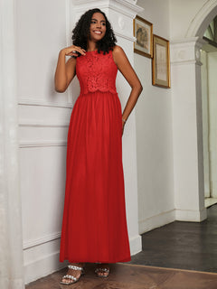 A-Line Jewel Neckline Tulle Dress Red