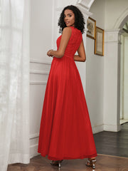 A-Line Jewel Neckline Tulle Dress Red