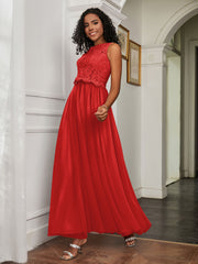 A-Line Jewel Neckline Tulle Dress Red Plus Size
