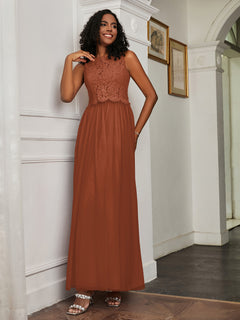 A-Line Jewel Neckline Tulle Dress Rust
