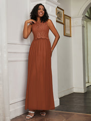 A-Line Jewel Neckline Tulle Dress Rust Plus Size