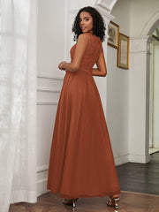 A-Line Jewel Neckline Tulle Dress Rust Plus Size