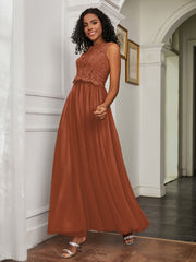 A-Line Jewel Neckline Tulle Dress Rust Plus Size