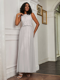 A-Line Jewel Neckline Tulle Dress Silver