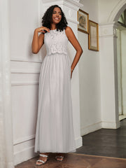 A-Line Jewel Neckline Tulle Dress Silver Plus Size