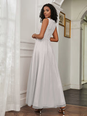 A-Line Jewel Neckline Tulle Dress Silver Plus Size