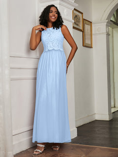 A-Line Jewel Neckline Tulle Dress Sky Blue