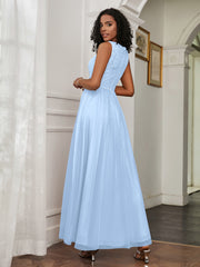 A-Line Jewel Neckline Tulle Dress Sky Blue Plus Size