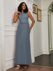 A-Line Jewel Neckline Tulle Dress Slate Blue Plus Size