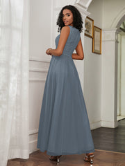 A-Line Jewel Neckline Tulle Dress Slate Blue