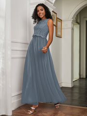 A-Line Jewel Neckline Tulle Dress Slate Blue