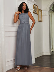 A-Line Jewel Neckline Tulle Dress Steel Grey