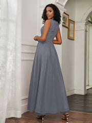 A-Line Jewel Neckline Tulle Dress Steel Grey