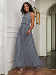 A-Line Jewel Neckline Tulle Dress Steel Grey