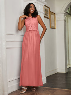A-Line Jewel Neckline Tulle Dress Sunset