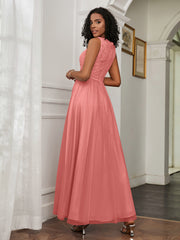 A-Line Jewel Neckline Tulle Dress Sunset