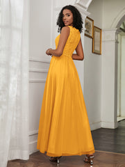 A-Line Jewel Neckline Tulle Dress Tangerine Plus Size