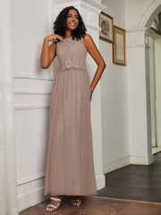 A-Line Jewel Neckline Tulle Dress Taupe Plus Size