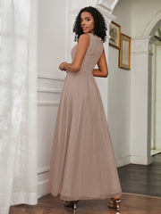 A-Line Jewel Neckline Tulle Dress Taupe