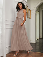 A-Line Jewel Neckline Tulle Dress Taupe