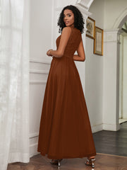 A-Line Jewel Neckline Tulle Dress Terracotta