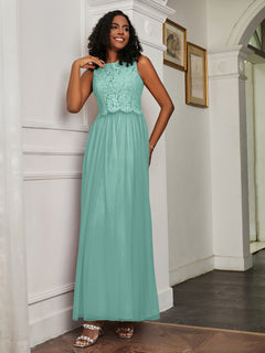 A-Line Jewel Neckline Tulle Dress Turquoise