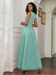 A-Line Jewel Neckline Tulle Dress Turquoise