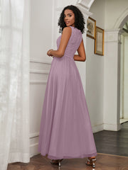 A-Line Jewel Neckline Tulle Dress Vintage Mauve