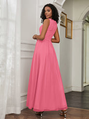 A-Line Jewel Neckline Tulle Dress Watermelon Plus Size